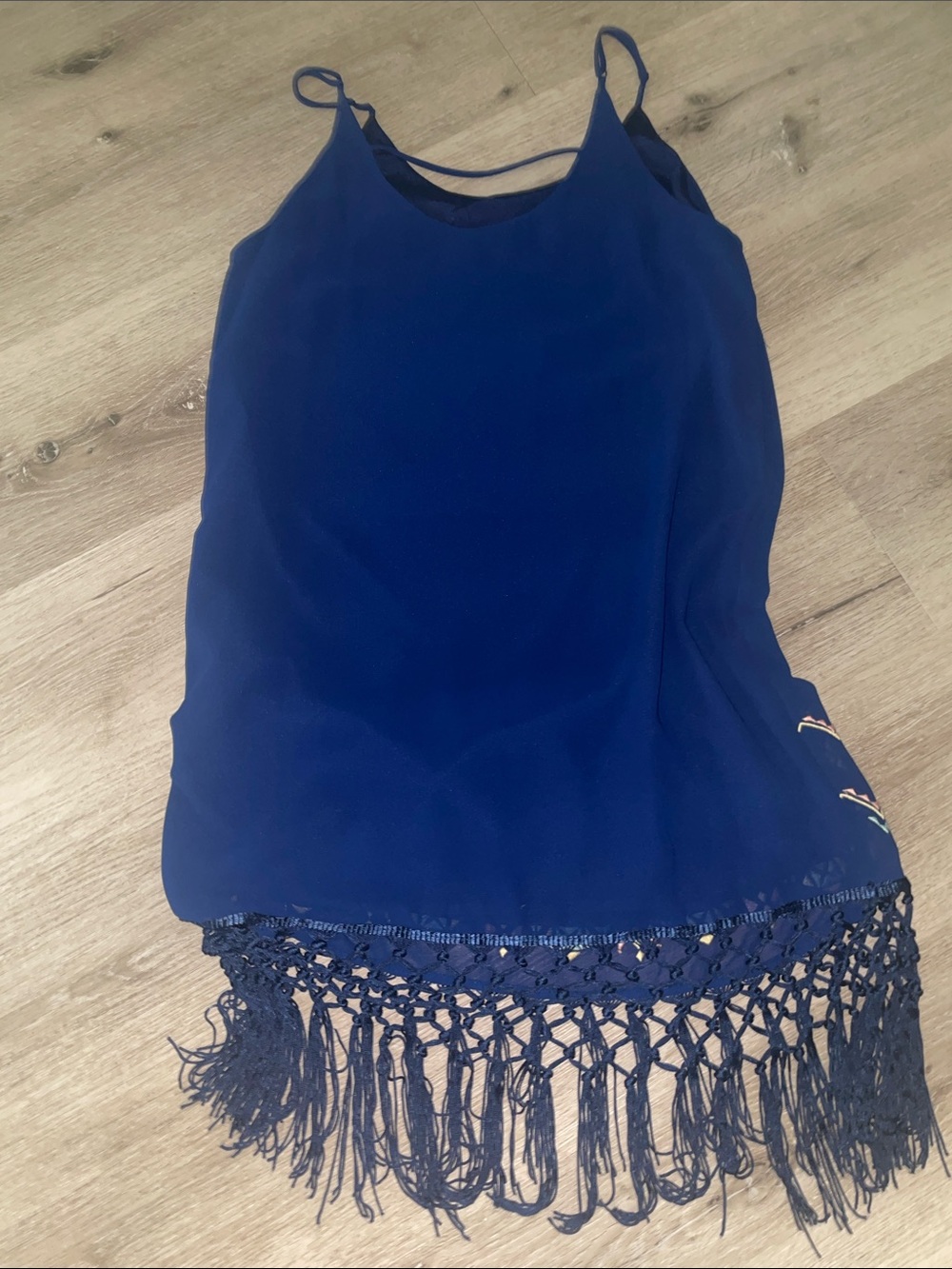 Last April by Naked Zebra | Navy Aztec Embroidered Fringe Slip Dress | Medium - Picture 6 of 7